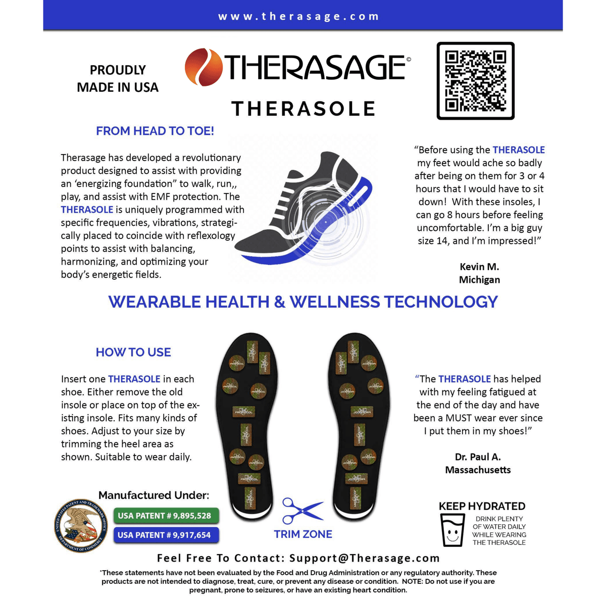 Therasage TheraSole insole instruction sheet with how to use and trim zone diagram