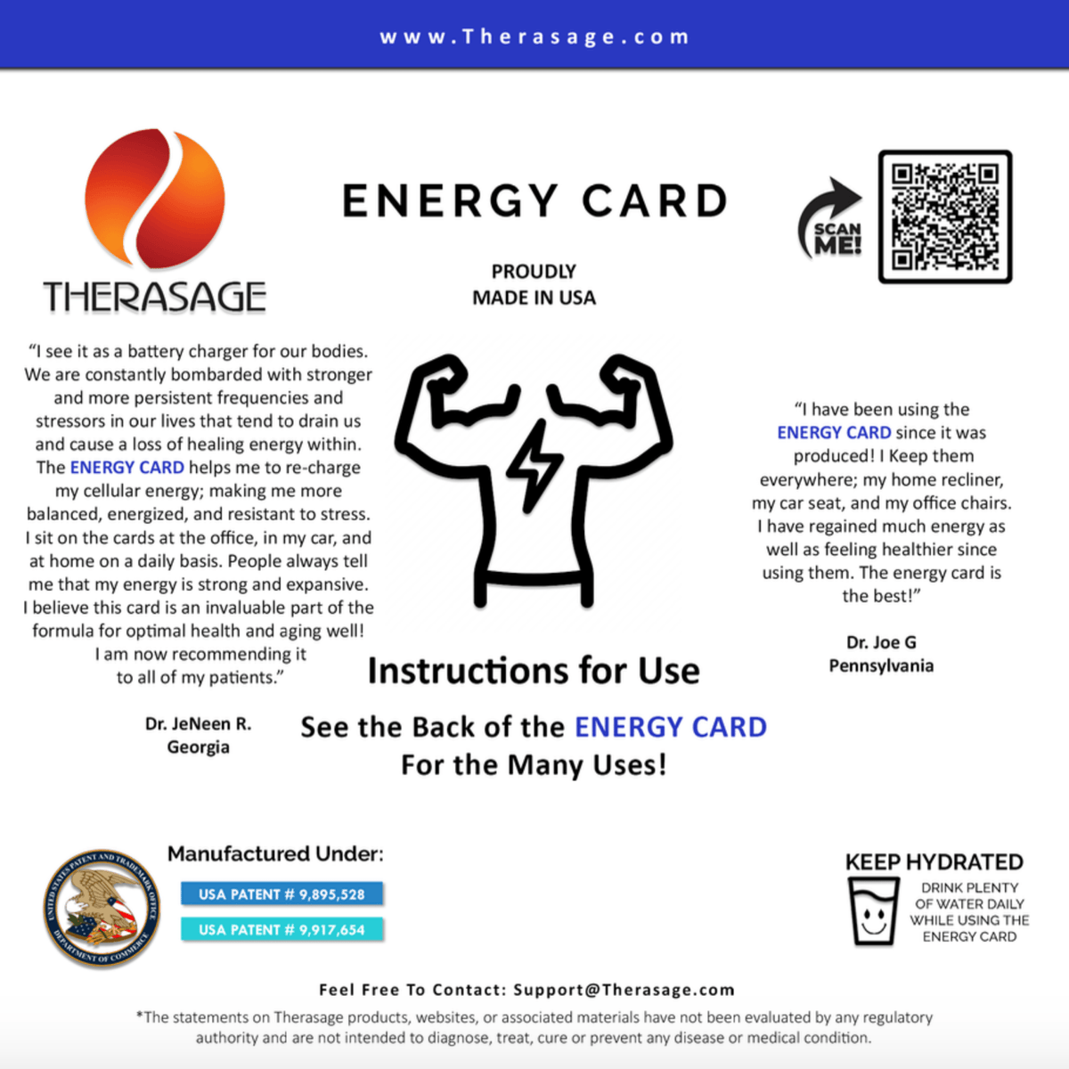 Therasage Energy Card instruction sheet with testimonials and a flexing arm icon