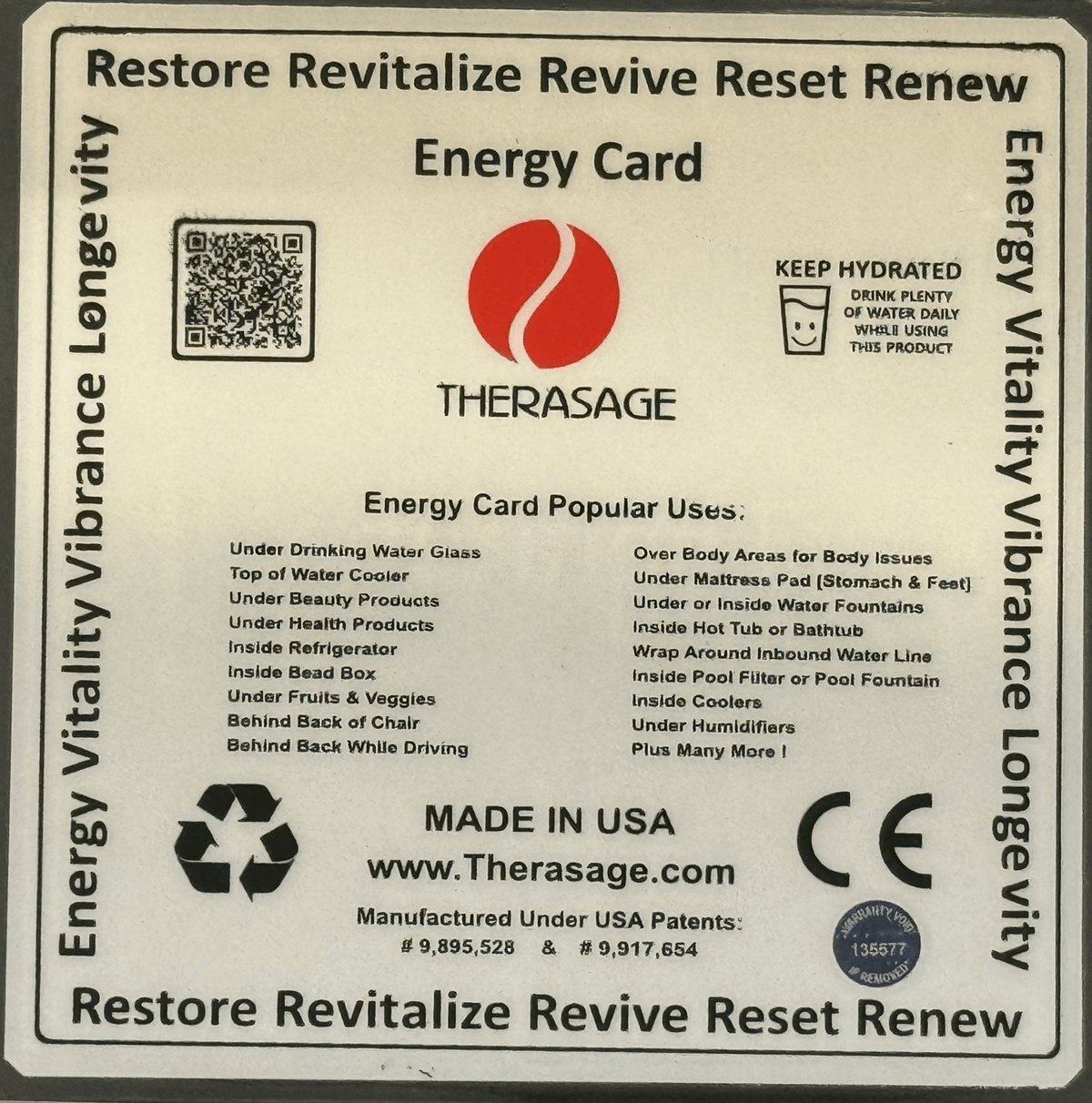 Back of the Therasage Energy Card listing popular uses, made in USA