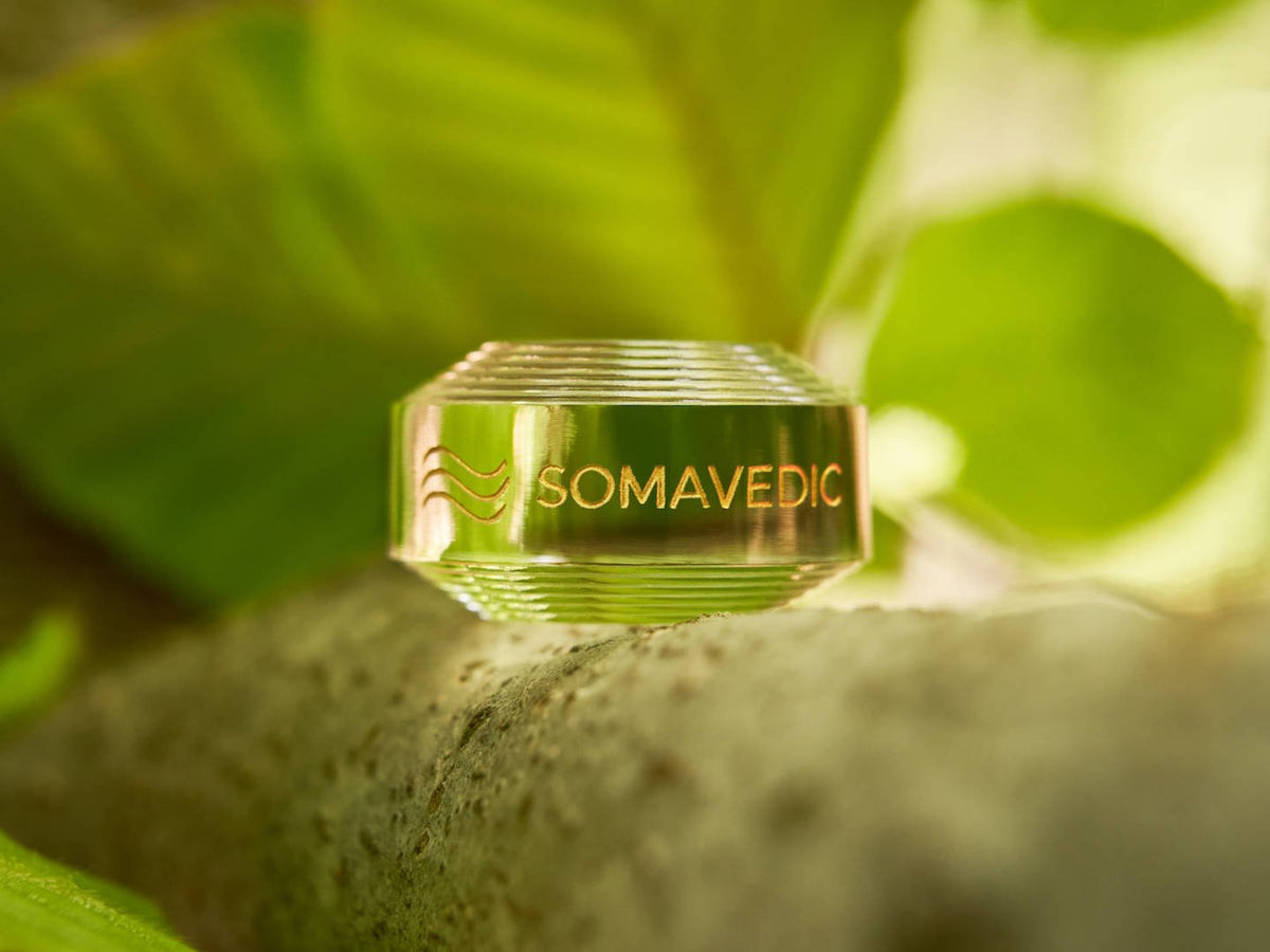 Somavedic Tiny clear glass on a mossy branch among green leaves