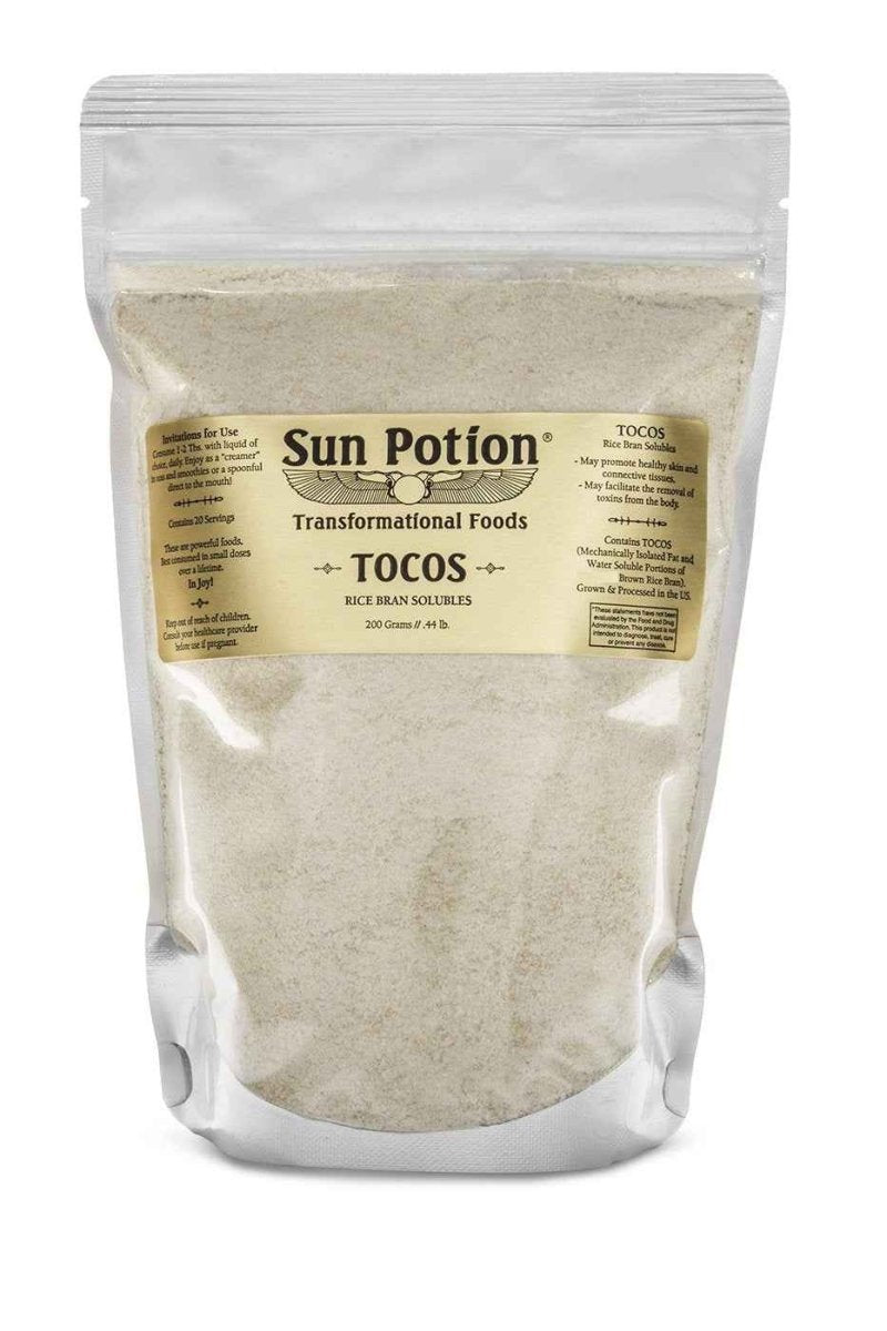 Sun Potion Tocos clear pouch of rice bran solubles powder, standing upright
