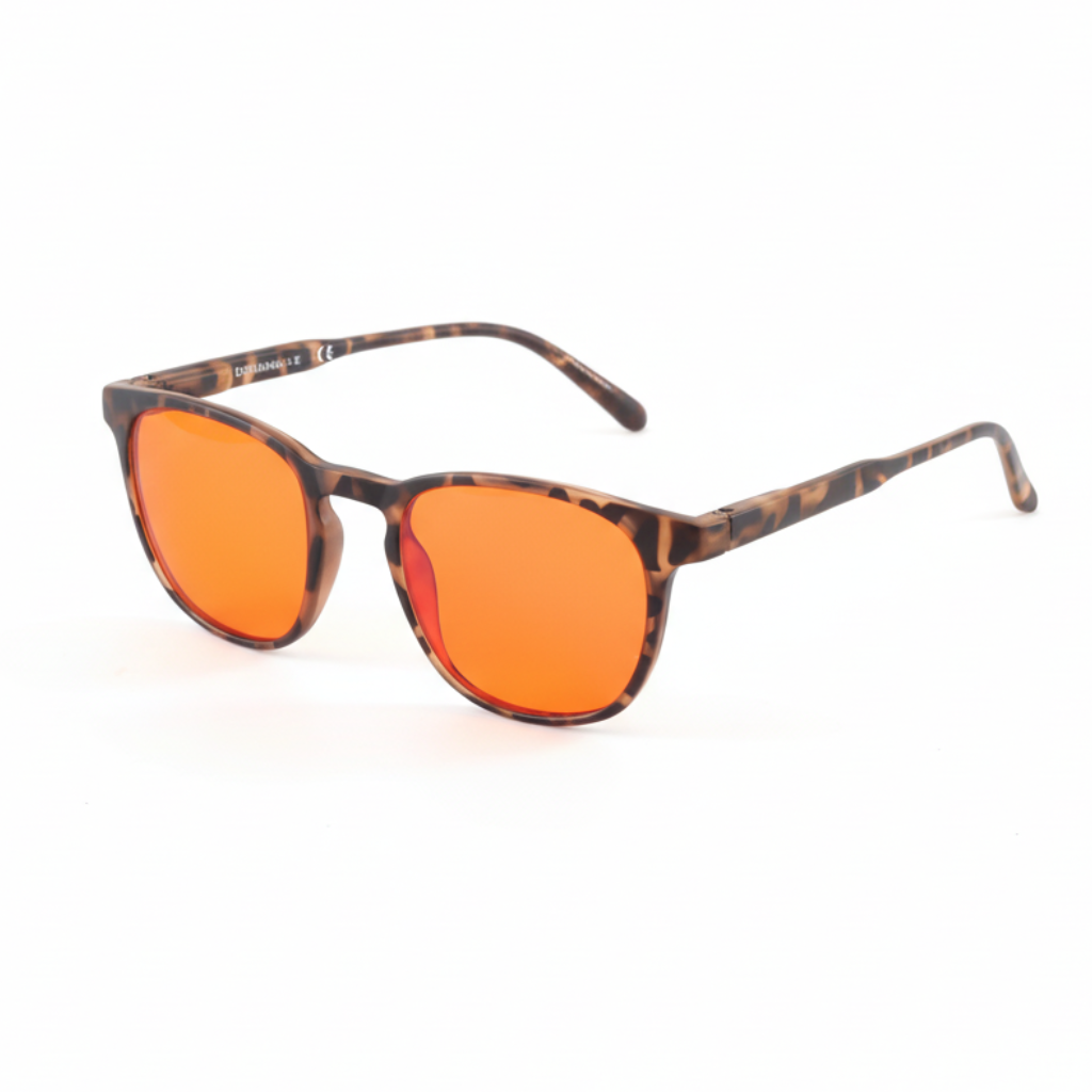 DreamWalkerz Dreamwave Tortoise Shell sleep glasses with orange lenses, angled view