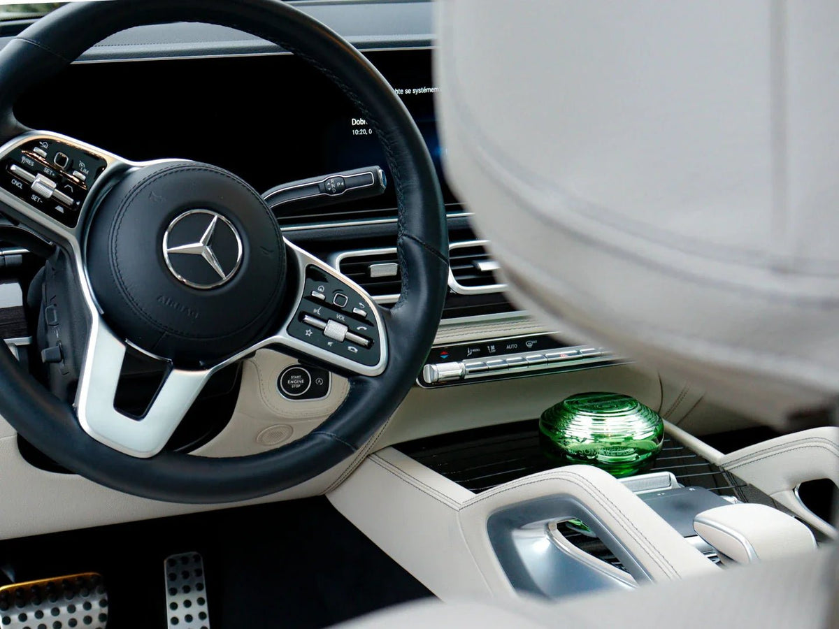 Somavedic Traveller on a car dashboard behind the steering wheel