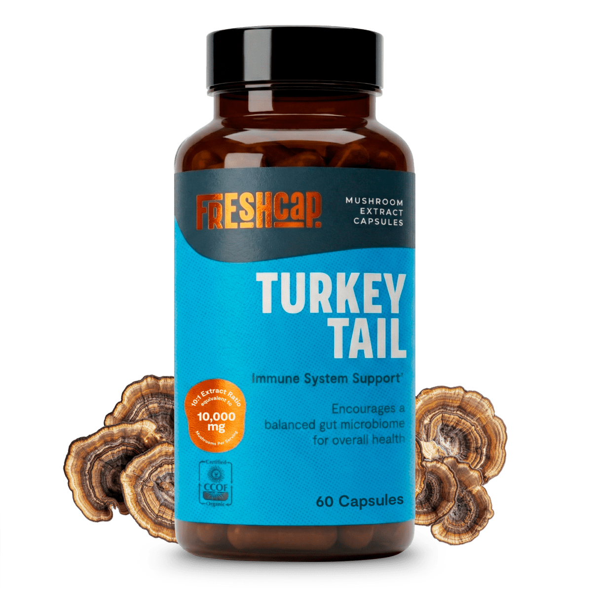 FreshCap Mushrooms Turkey Tail Capsules brown bottle, 10,000mg, 60 capsules, with mushrooms and capsules