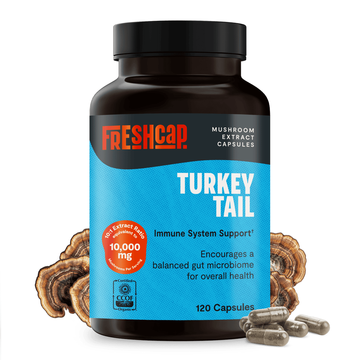 FreshCap Mushrooms Turkey Tail Capsules bottle: immune system support, 10,000mg, 120 capsules, with mushrooms and capsules
