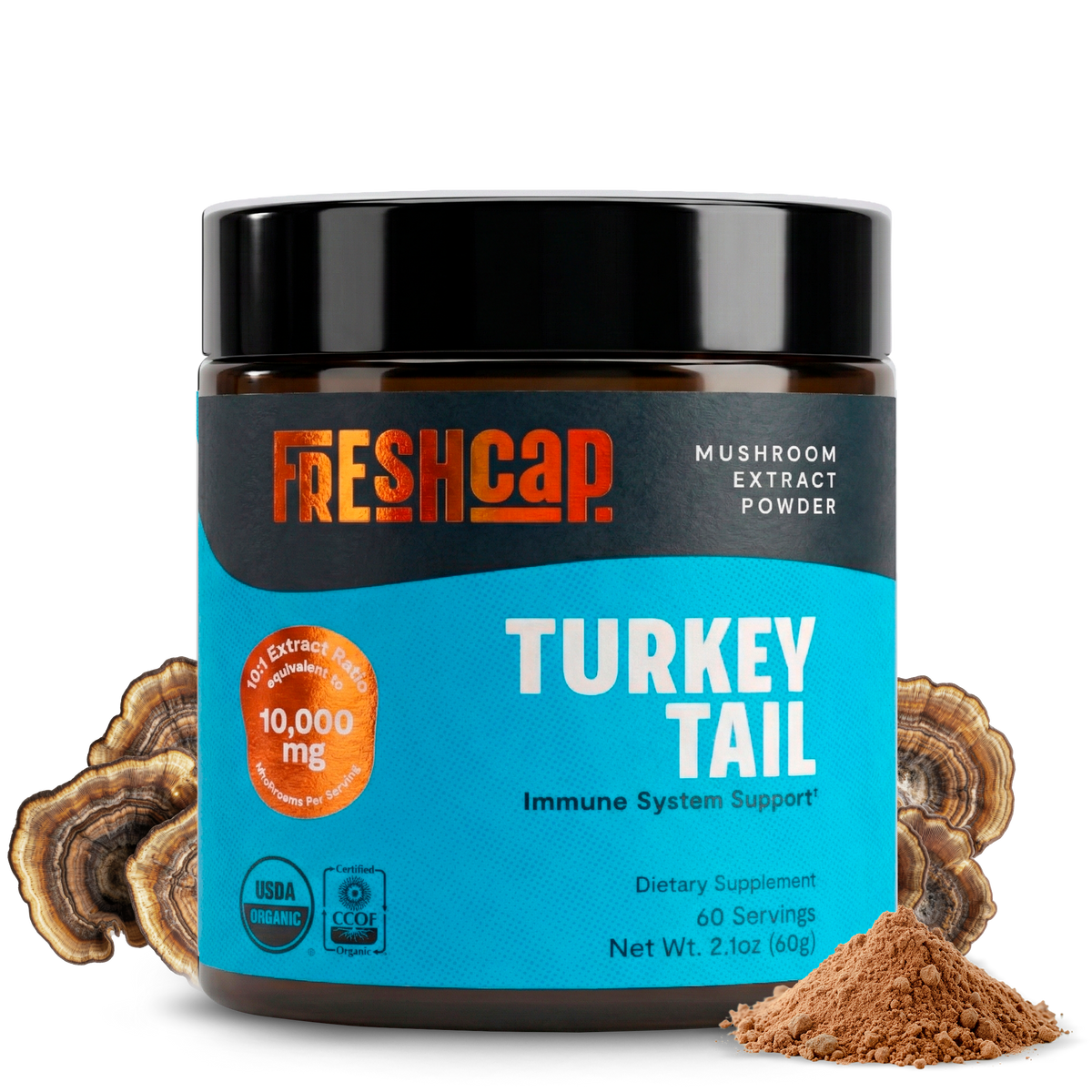 FreshCap Mushrooms Turkey Tail Powder jar, 10,000mg, USDA organic, 2.1 oz, 60 servings, with mushrooms and powder