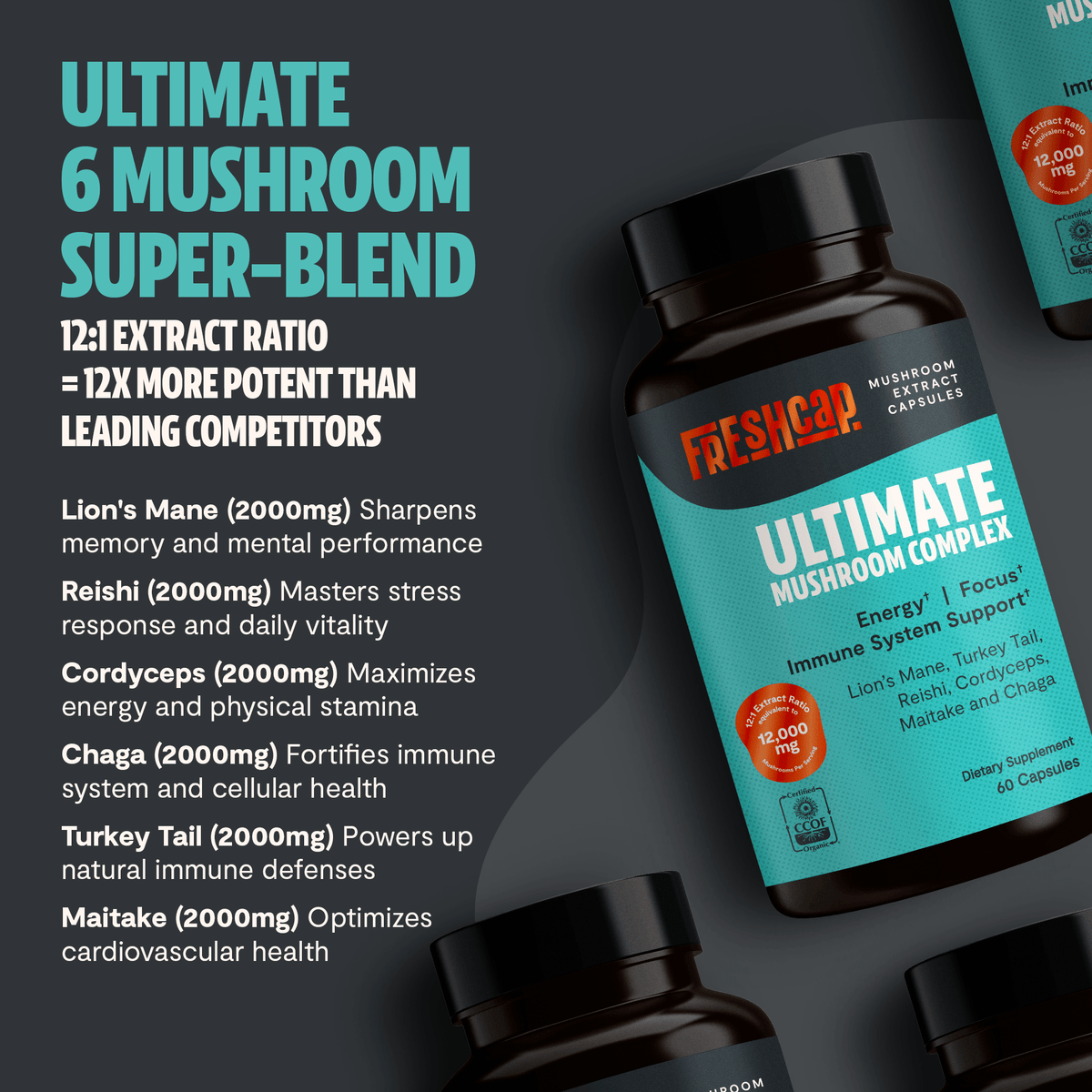 FreshCap Mushrooms Mushroom Complex Capsules 6-mushroom blend: Lion's Mane, Reishi, Cordyceps, Chaga, Turkey Tail, Maitake