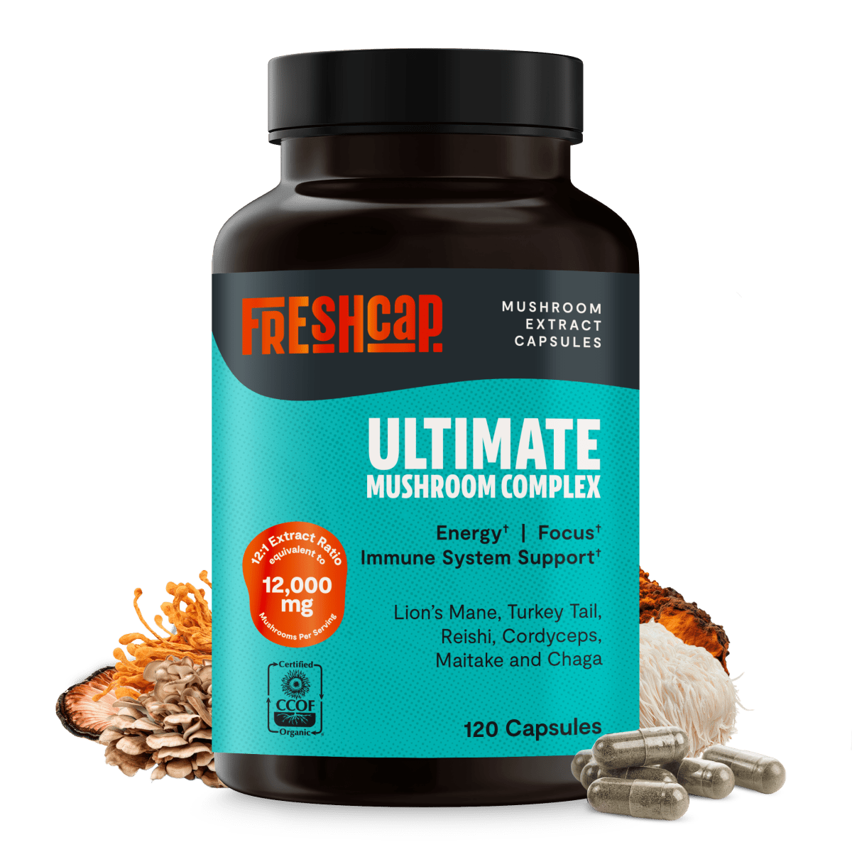 FreshCap Mushrooms Mushroom Complex Capsules bottle at an angle, 12,000mg, 120 capsules, with mushrooms and capsules