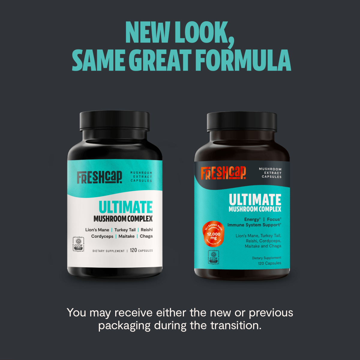 FreshCap Mushrooms Mushroom Complex Capsules new look, same formula: new and previous bottles, teal and white