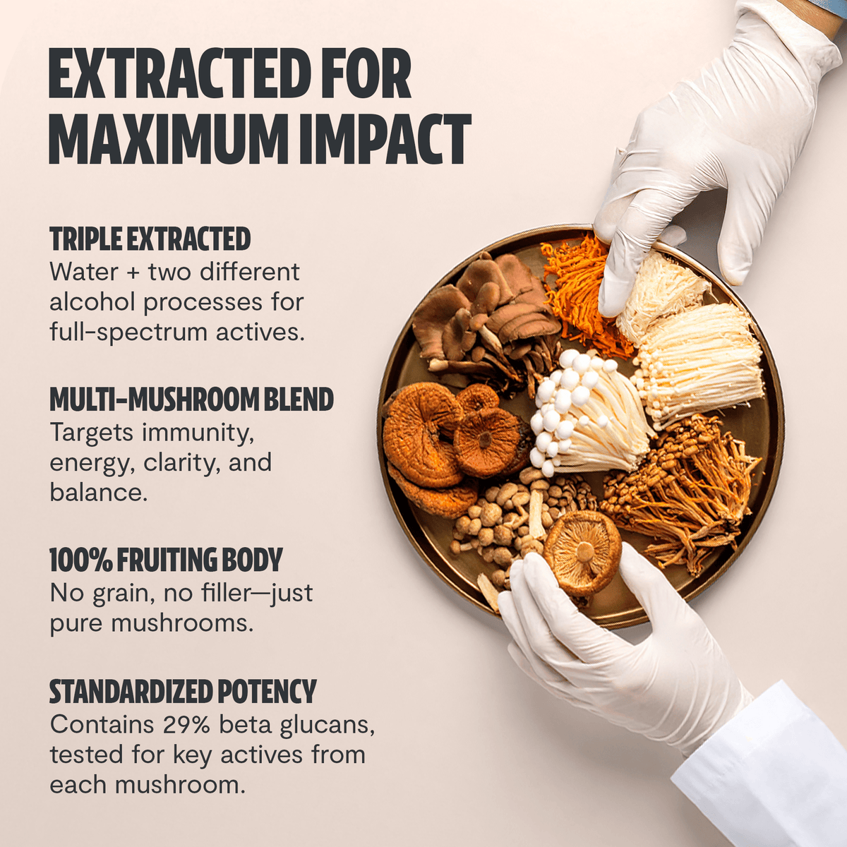 FreshCap Mushrooms Mushroom Complex Capsules extracted for maximum impact: triple extracted, multi-mushroom blend