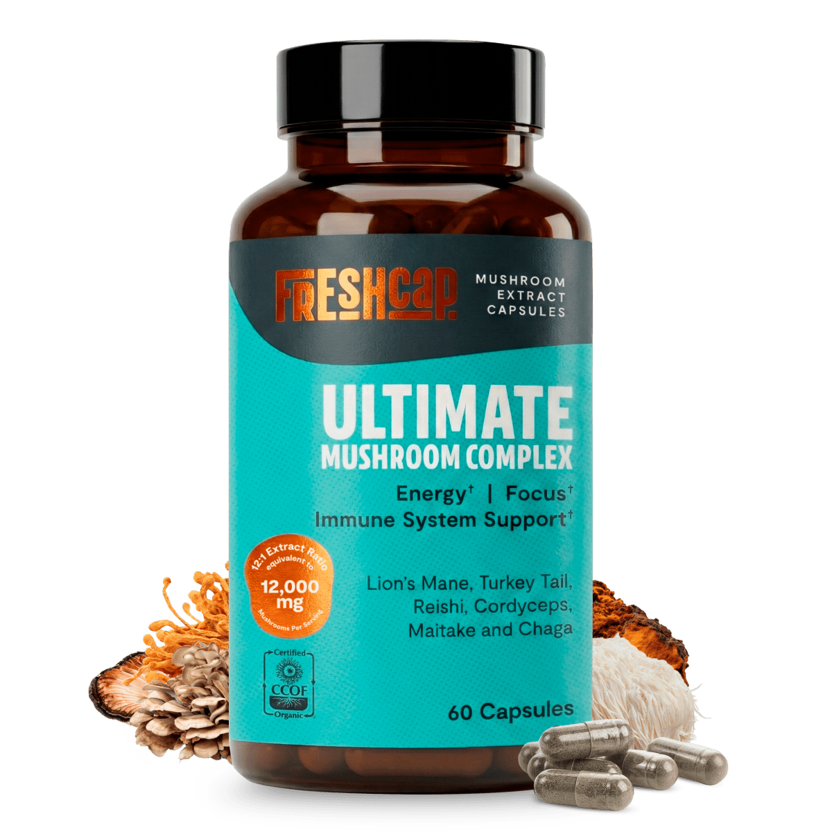 FreshCap Mushrooms Mushroom Complex Capsules brown bottle, 12,000mg, 60 capsules, with mushrooms and capsules