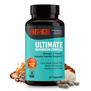 FreshCap Mushrooms Mushroom Complex Capsules bottle, Ultimate Mushroom Complex, 12,000mg, 60 capsules, with mushrooms