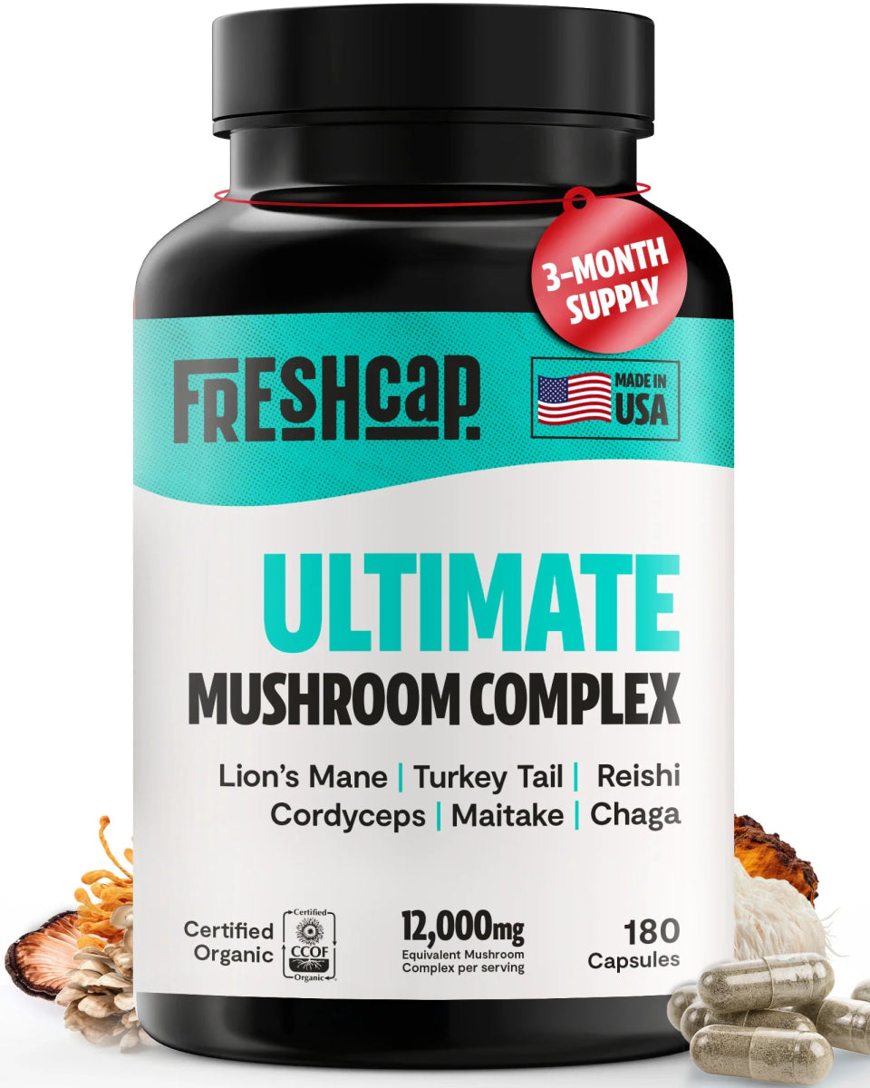 FreshCap Mushrooms Mushroom Complex Capsules 3-month supply bottle, 12,000mg, 180 capsules, made in the USA