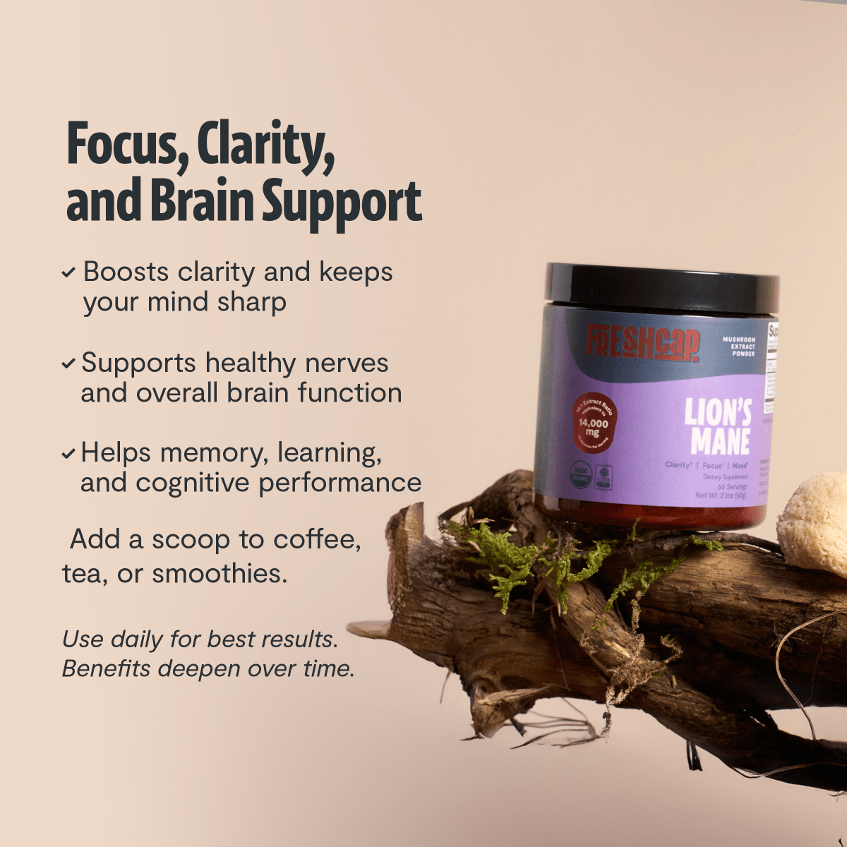 FreshCap Mushrooms Lion's Mane Powder for focus, clarity and brain support: add a scoop to coffee, tea or smoothies