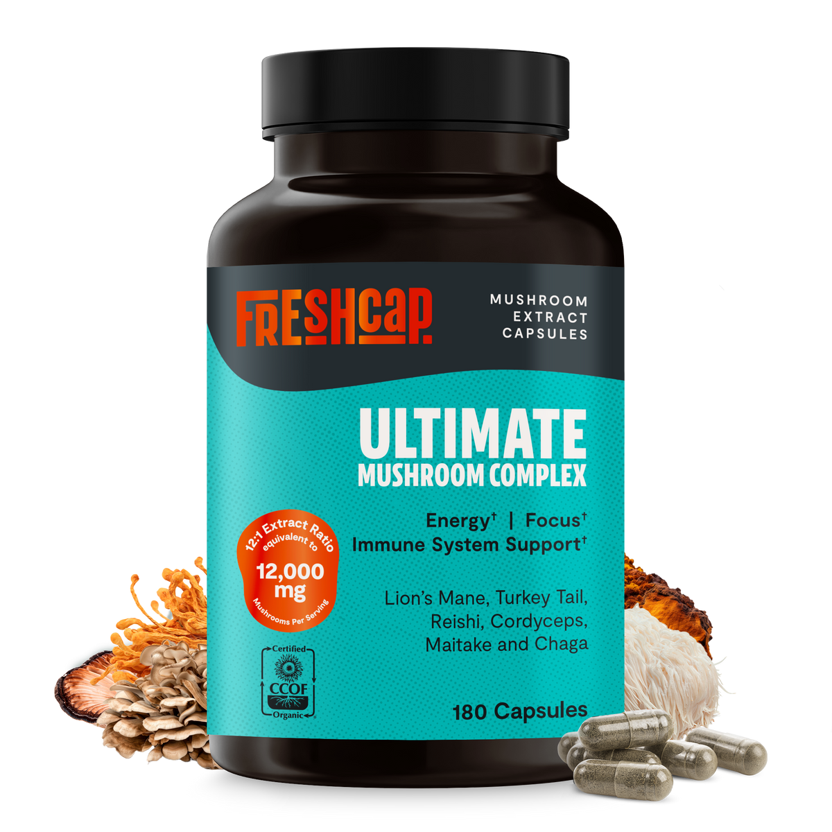 FreshCap Mushrooms Mushroom Complex Capsules bottle on white, 12,000mg, 180 capsules, made in the USA