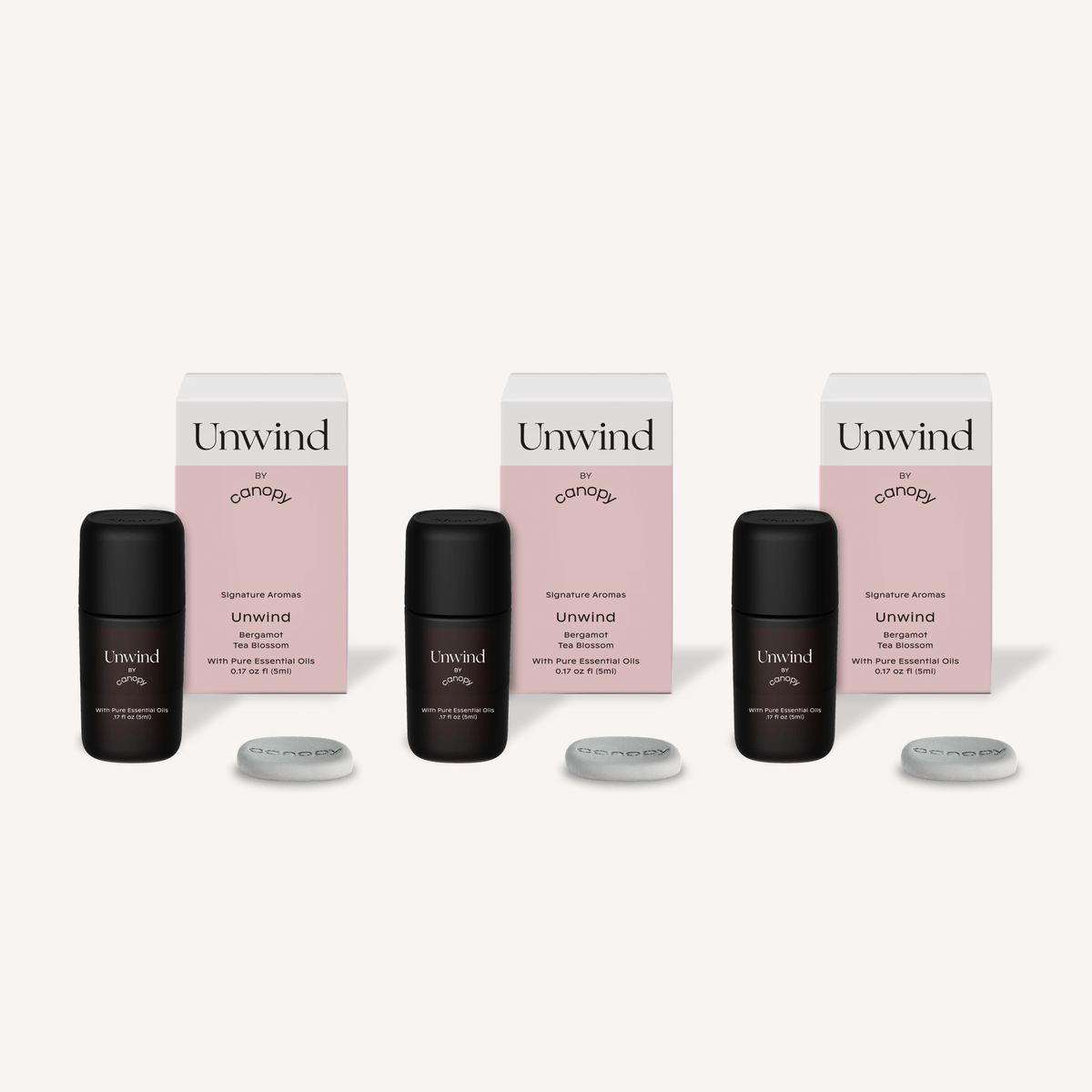Canopy Unwind Aroma Kit: three dark aroma bottles, boxes and felt diffusers